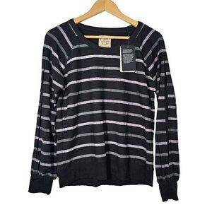 Chaser Striped Crewneck Sweater Arm Slits Poly Blend Black Gray Women's S NWT‎